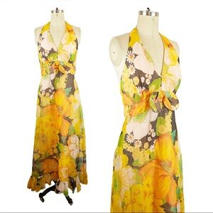 Vtg 70s Miss Elliette Floral Halter Maxi
